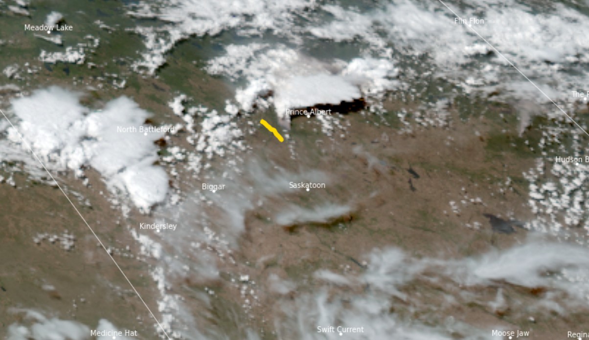 GOES West GeoColor imagery from May 28th, 2026, showing a PyroCb in central Saskatchewan.